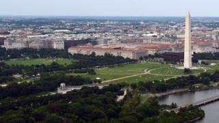Washington DC National Mall with World War II Memorial (bottom center) and Washington Monument (right). Photo file