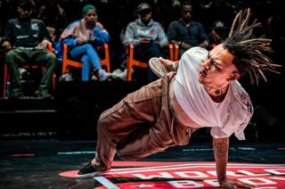 A dancer performs at the Breakdance World Cup in Eindhoven