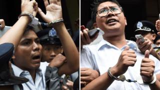 လက်ရှိမှာ ထောင်ဒဏ်ချခံနေရတဲ့ ရိုက်တာ သတင်းဌာနက မြန်မာ သတင်းထာက် ကိုကျော်စိုးဦး (ဝဲ)၊ ကိုဝလုံး (ယာ)