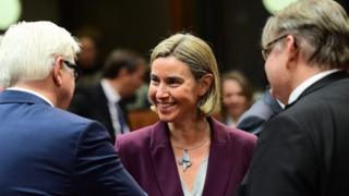 From left to right: German Foreign Minister Frank-Walter Steinmeier, EU foreign policy chief Federica Mogherini and Finnish Foreign Minister Timo Soini at a meeting in Brussels. Photo: 14 November 2016