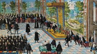 Ilustración de la abdicación de Carlos V y ascenso al trono de Felipe II.