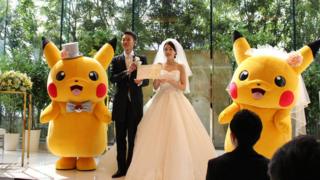 Pikachu mascots at a wedding in Japan