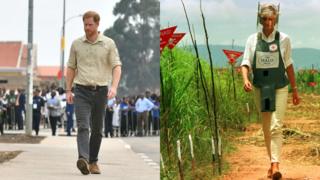 Prince Harry walking through the site of the minefield where Princess Diana, pictured alongside that picture, visited