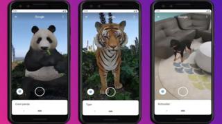 Google AR screens with panda, tiger and dog