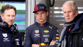 Christian Horner, Max Verstappen and Helmut Marko