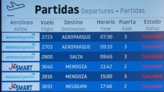 A departures monitor at Rosario's airport, Argentina. Photo: 26 March 2020
