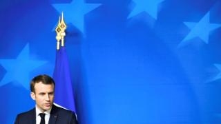 French President Emmanuel Macron attends a news conference after a European Union leaders summit in Brussels, Belgium, on 14 December 2018