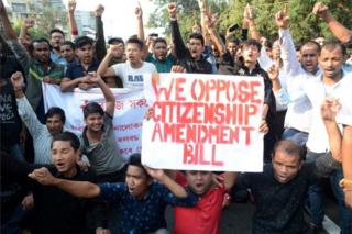 Students shout slogans during a protest against the Citizenship Amendment Bill (CAB) in Guwahati, Assam, India, 11 December 2019