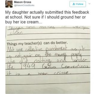 Foto del tuit de Mason Cross mostrando las críticas de su hija a la profesora