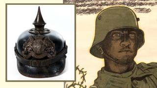 German Pickelhaube helmet, and WW1 poster