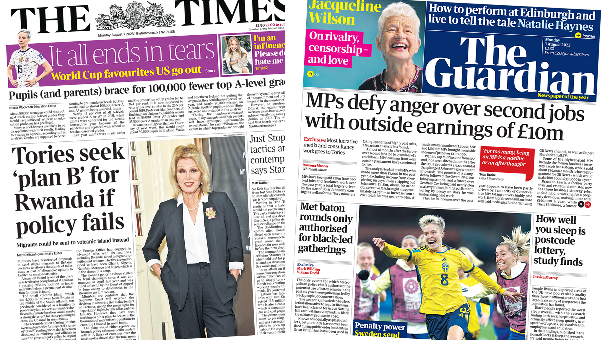 Front page of the Times and the Guardian