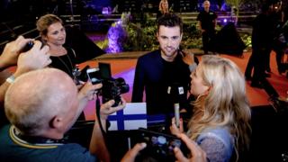 Duncan Laurence from the Netherlands talks to reporters