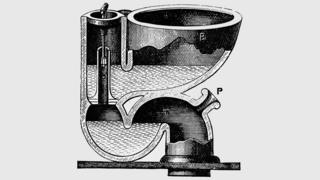 Гравюра XIX века с изображением туалета Дженнингса из Ламбета с клапаном и S-образным изгибом