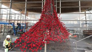 The Weeping Window being erected outside the Senedd in Cardiff