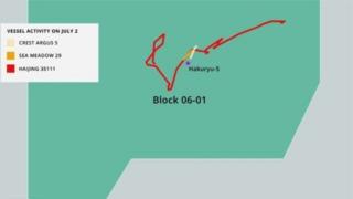 Asia Maritime Transparency Initiative mô tả tàu Trung Quốc Haijing 35111 quấy rối hai tàu Sea Meadow 29 và Crest Argus 5 phục vụ giàn khoan Hakuryu-5