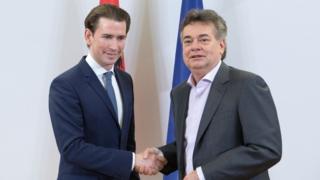 Sebastian Kurz, left, shaking hands with Werner Kogler, right