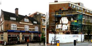 The Carlton Vale Tavern before (l) and after (r)