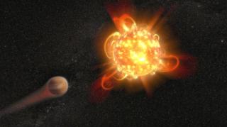 Red dwarf star star image (right) while creating a super light that releases intense energy up to the destruction of the atmosphere of the planet (left)