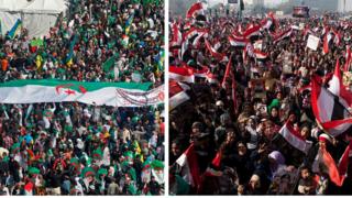 صورة لمظاهرة في مصر وأخري في الجزائر