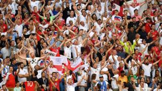   England supporters show their support during the quarter-final match between Sweden and England in Samara on July 7, 2018 in Samara, Russia 
