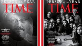 Jaldiga Majalladda Time oo ay ka muuqdaan Jamaal Khaashuqji iyo shaqaalaha wargeyska Capital Gazette