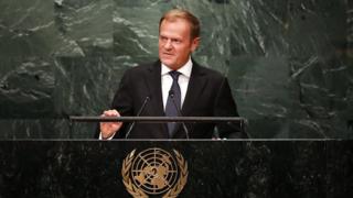 European Council president Donald Tusk addresses the General Assembly at the United Nations on September 21, 2016 in New York City