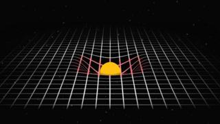 Representação da curvatura que o Sol causa no espaço-tempo