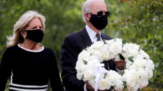 Democratic US presidential candidate and former vice-president Joe Biden and his wife Jill visit the War Memorial Plaza during Memorial Day, amid the outbreak of the coronavirus disease (Covid-19), 25 May 2020