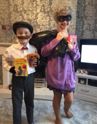 Owen is dressed up as Mr Stink and his big sister Tia is Gansta Granny. They're both from Billinge in England