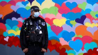 Police officer in Leicester, where a local lockdown is in force