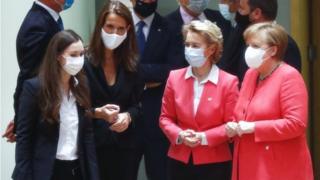 (L-R) Finland"s Prime Minister Sanna Marin, Belgium"s Prime Minister Sophie Wilmes, European Commission President Ursula von der Leyen and German Chancellor Angela Merkel at the start of an EU summit at the European Council building in Brussels, Belgium, 17 July 2020.