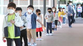 Students line up at a school in South Korea
