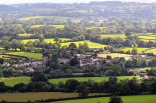 Fields and a small town in the distance