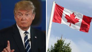 Трамп на дебатах с канадским флагом
