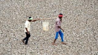 Dos hombres transportando agua en un balde