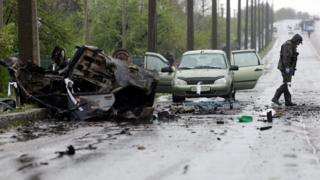 Scene of attack in Olenivka, east Ukraine, on 27 April 2016