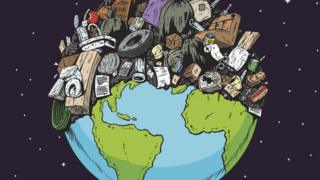 cartoon planet with half of it polluted by rubbish