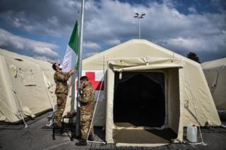 A field hospital in Crema, Lombardy where health workers are struggling to cope with the outbreak