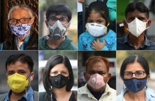 This combination of images created on November 6, 2018 shows people wearing a face mask to protect themselves from air pollution in Delhi.