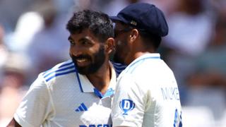 India's Jasprit Bumrah celebrates taking the wicket of South Africa's Lungi Ngidi