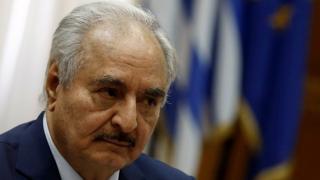Libyan commander Khalifa Haftar meets Greek Prime Minister Kyriakos Mitsotakis (not pictured) at the Parliament in Athens, Greece, 17 January 2020
