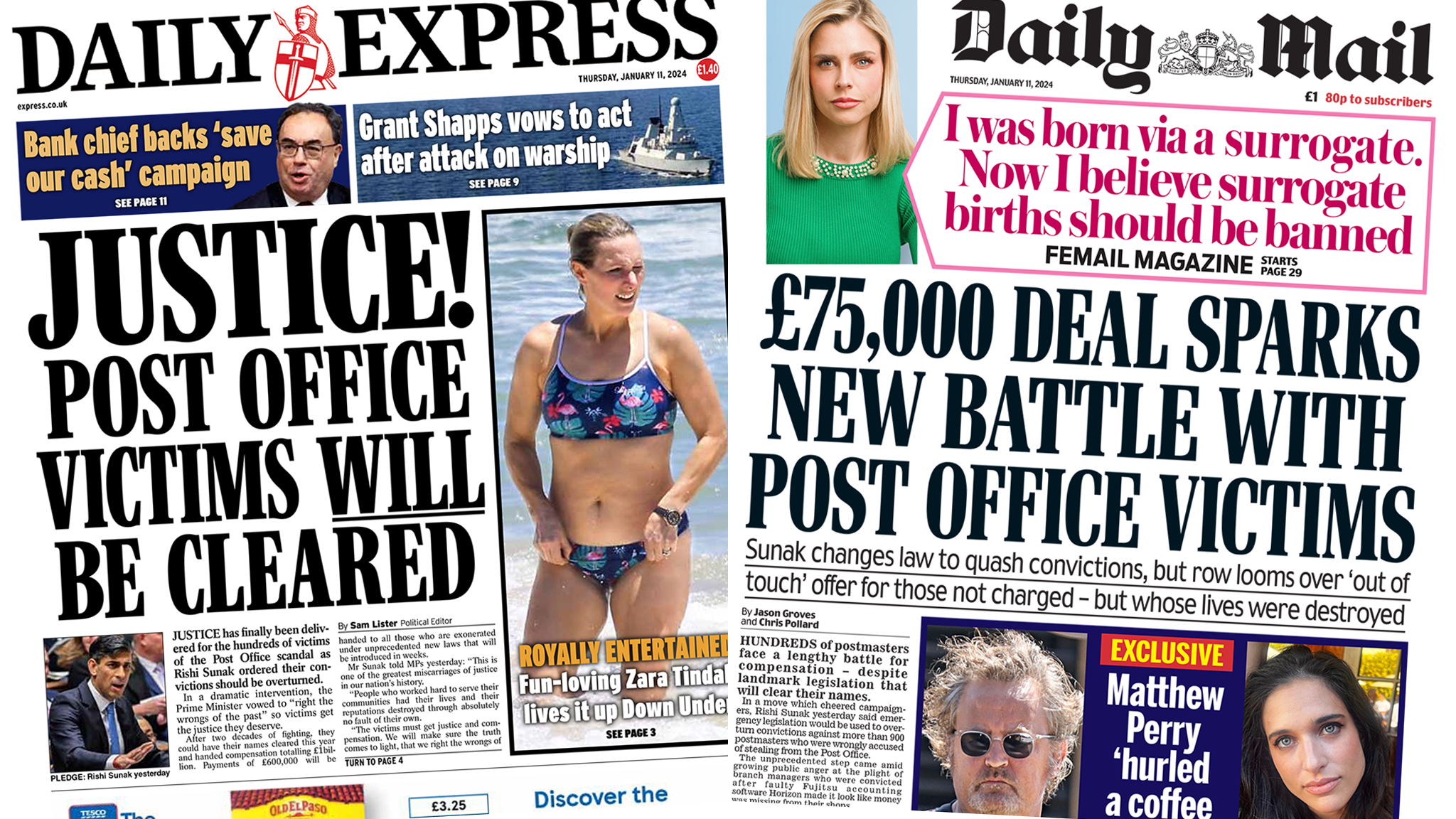 The headline in the Express reads, "Justice! Post Office victims will be cleared", while the headline in the Mail reads, "£75,000 deal sparks new battle with Post Office victims".