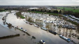 An aerial photograph taken by drone of flooding from the River Ouse near York, Britain