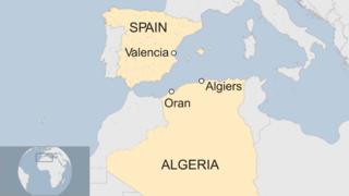 Map showing Oran, Algeria, and Valencia, Spain