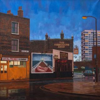 A painting of a street in East London by Doreen Fletcher