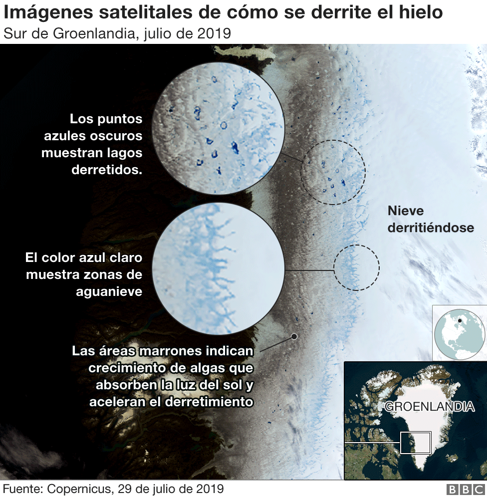 Imágenes satelitales de cómo se derrite el hielo en Groenlandia.