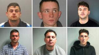 The six men jailed. From top left clockwise: Andrew Hardy, Graham Thom, George Flannigan, William Stewart, Shaun Doyle and Mark Genery.
