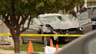 Wrecked car after USC parade crash, Stillwater OK 24 October 2015