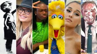 Banksy's artwork, Emma Bunton, an X Factor hopeful, Big Bird, Ariana Grande, Piers Morgan