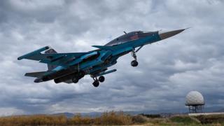 Russian Sukhoi Su-34 fighter bomber at the Hmeimim airbase in Syria